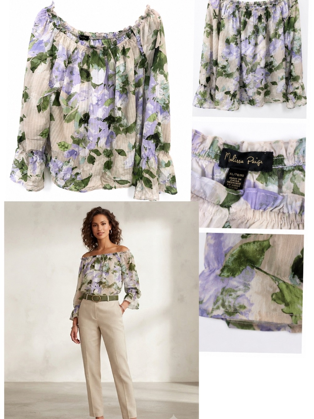 Melissa Paige Lavender Floral Off-Shoulder Blouse with Green Leaves SZ XL